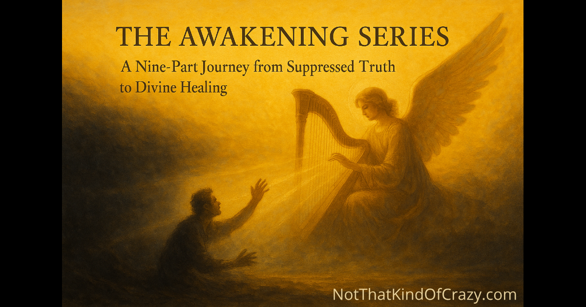 An angel's harp lifts a figure from darkness into golden light