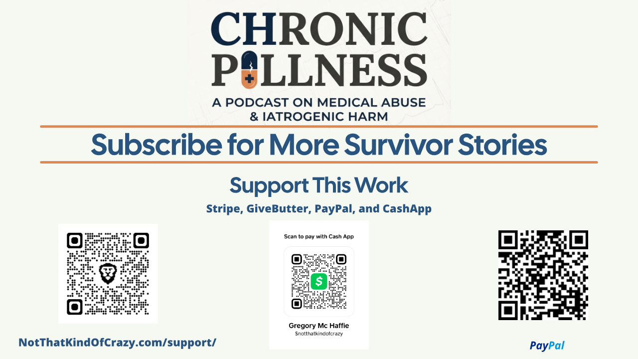 Chronic Pillness podcast branding with subscribe and support information including QR codes for donations