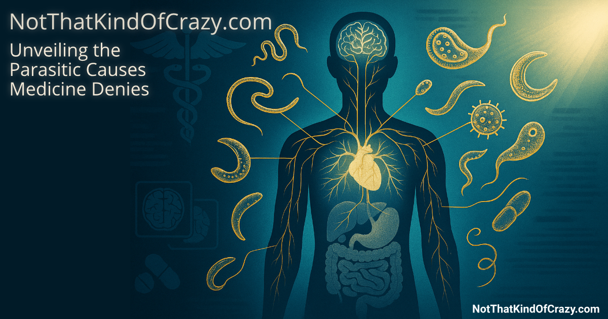 Medical illustration showing parasitic organisms connected to human body systems, revealing hidden causes of chronic diseases and mental illnesses