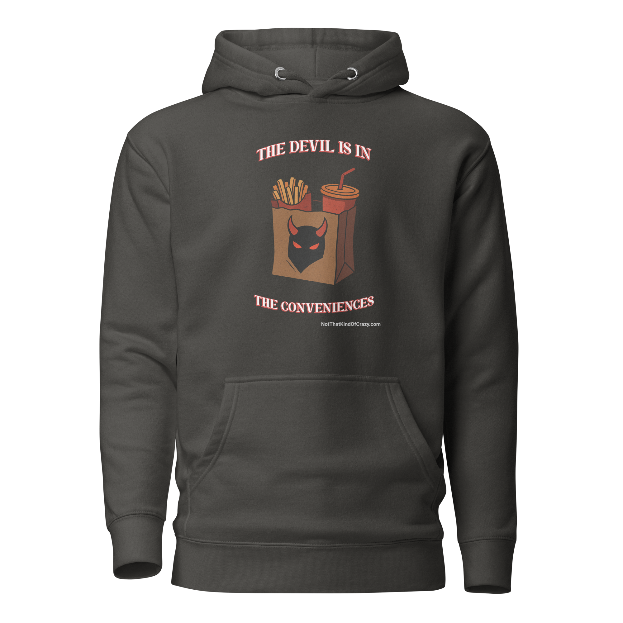 The Devil Is In The Conveniences - Vintage Gray Hoodie with fast food devil design