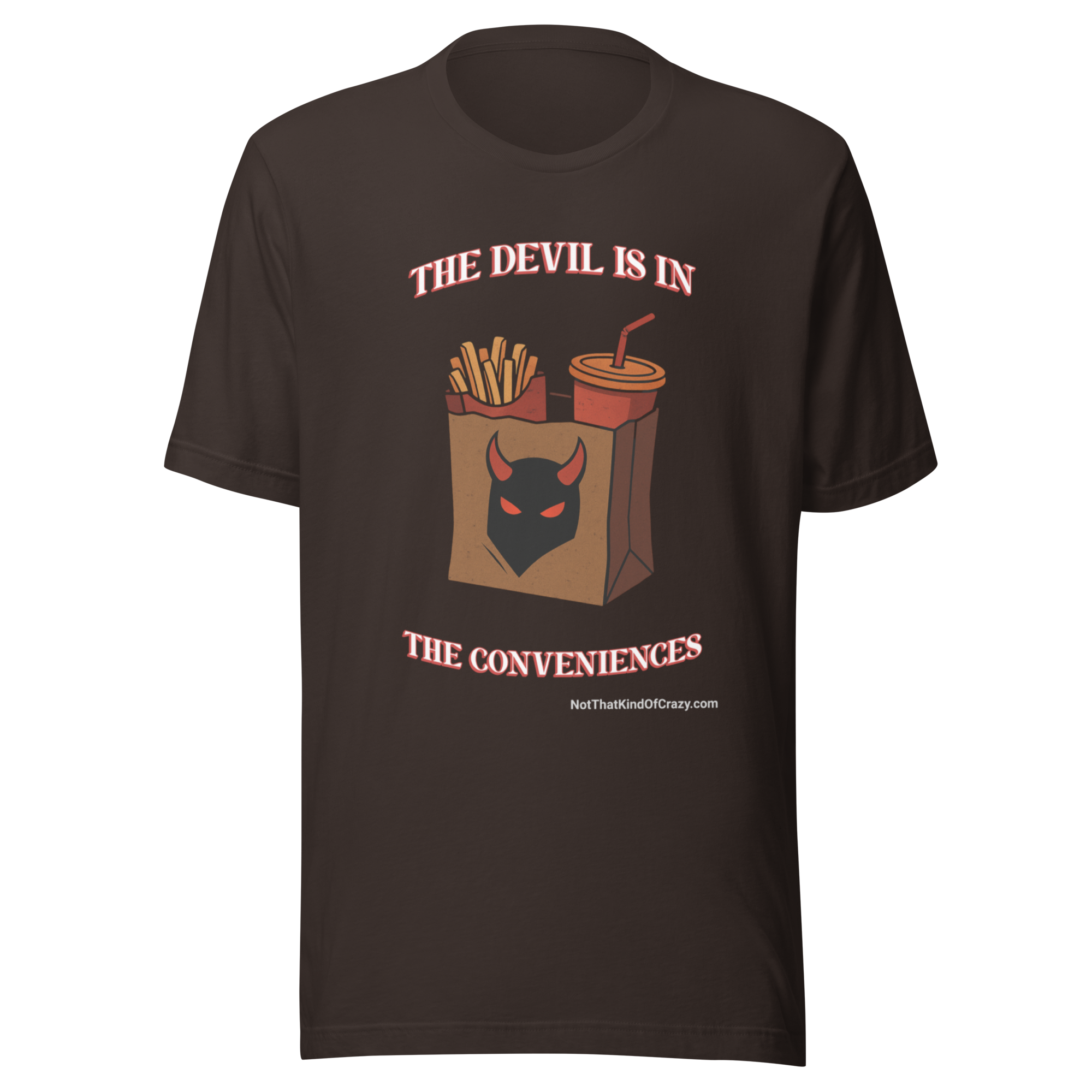 The Devil Is In The Conveniences - Brown T-Shirt with fast food devil design
